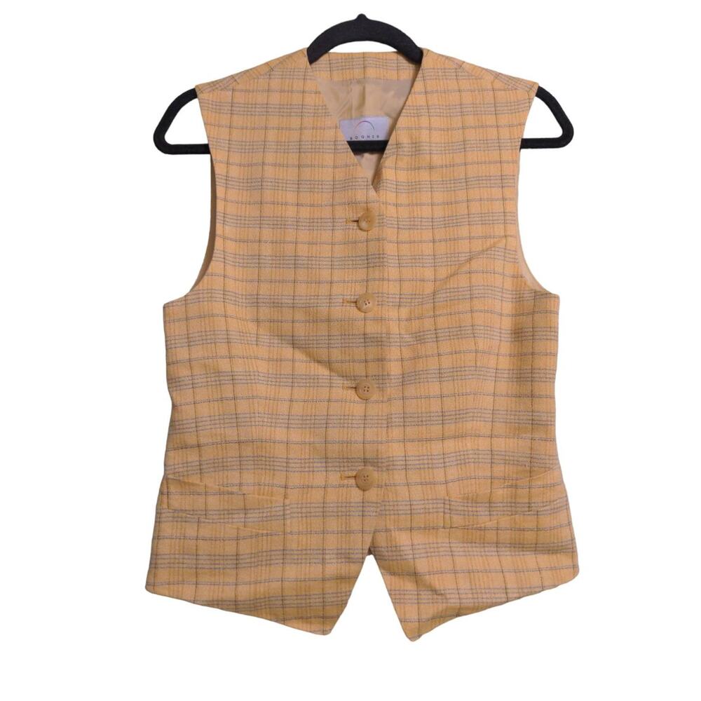 Bogner Womens Suit Vest Yellow Blue Linen Wool Tie Back Sleeveless Buttons 6